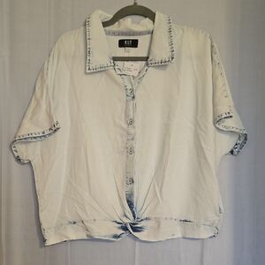 Kut from the Kloth White Button-Front Shirt with Blue Acid Wash Trim Sz XL NWT